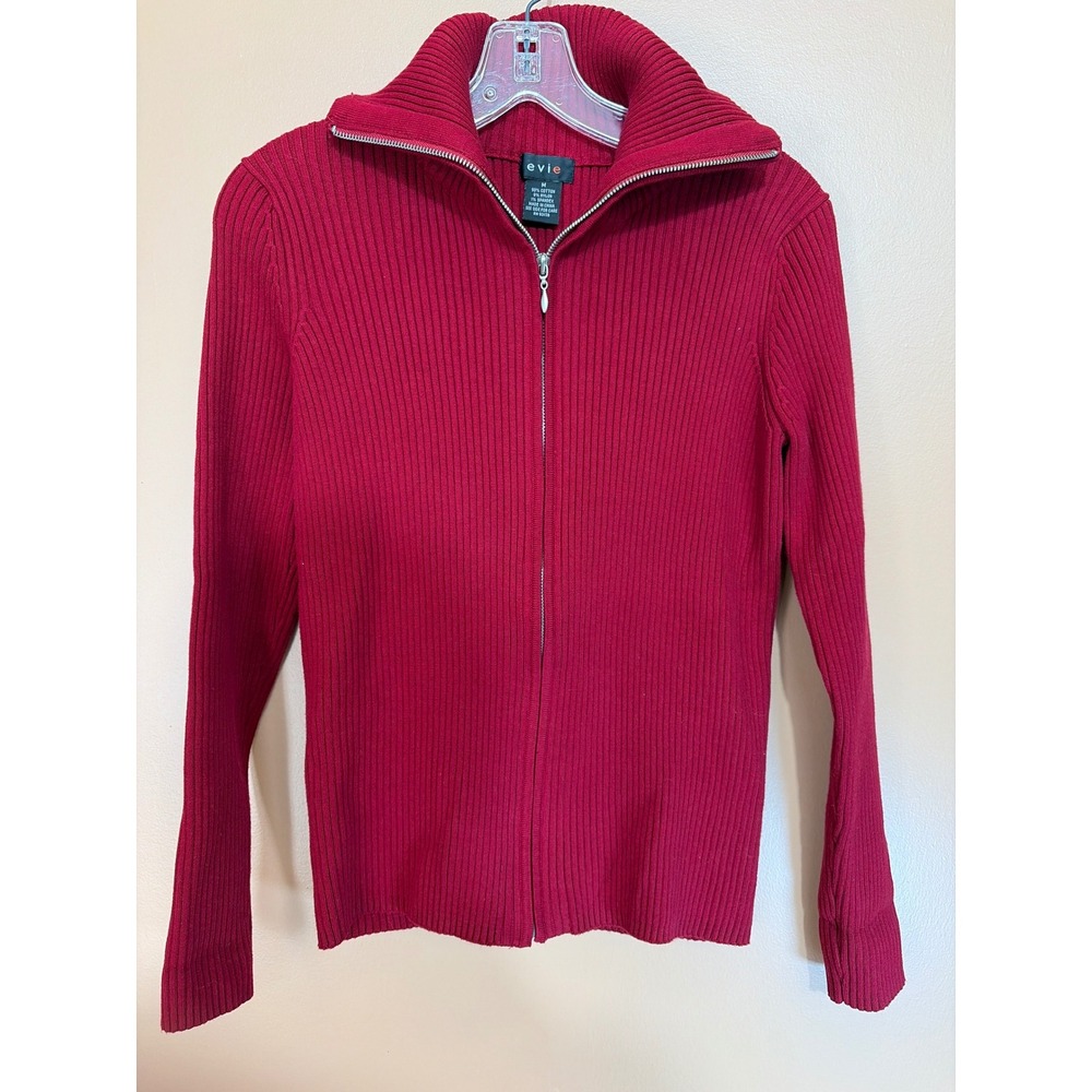 Evie Womens Red Ribbed Knit Full Zip Mock Neck Cotton Blend Sweater Cardigan M